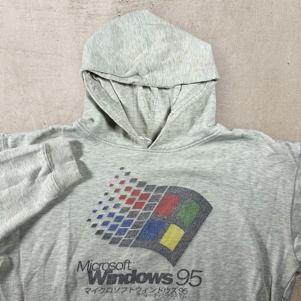 Vintage Microsoft Windows 95 Japan Hoodie Size XL Gray Graphic Print 90s Rare